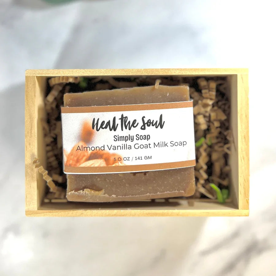Almond Vanilla Goat Milk Soap in a wooden box with 'Heal the Soul' branding.