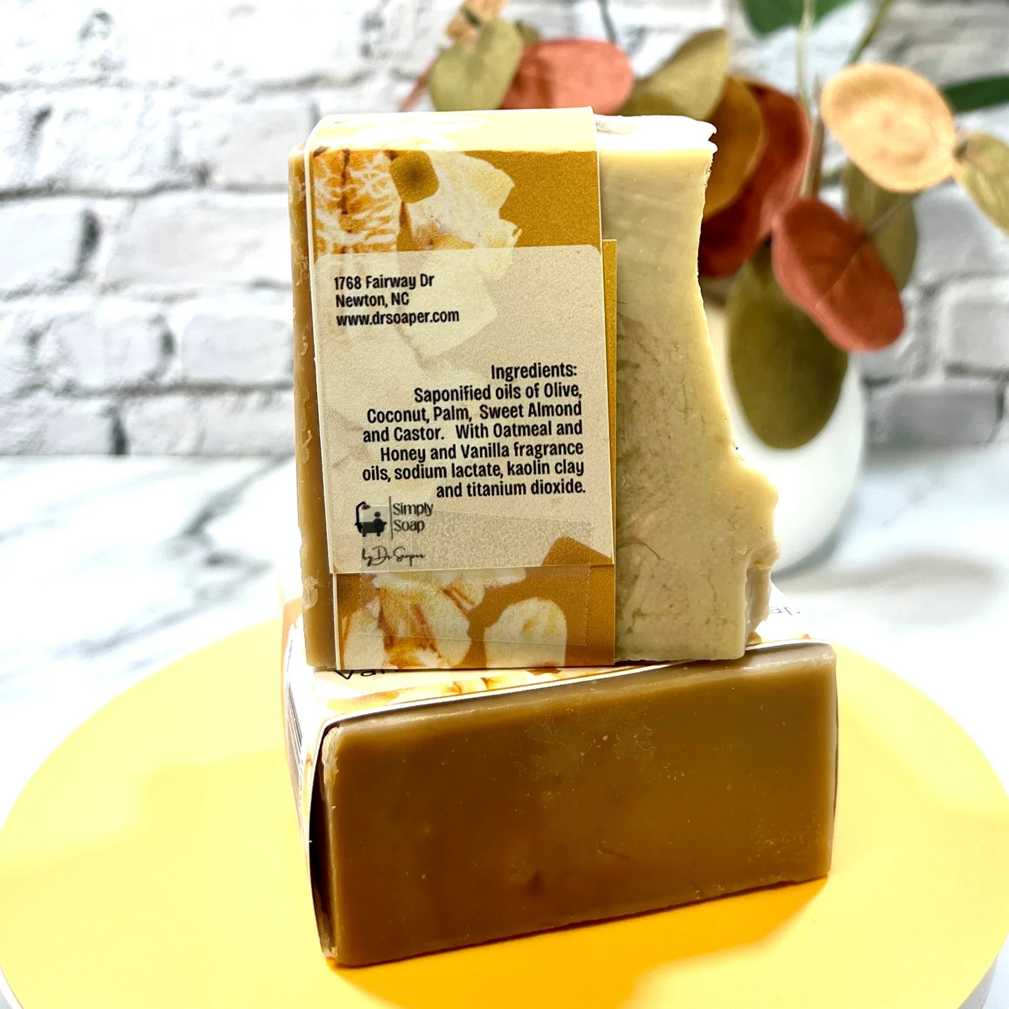 Oatmeal Crumble soap ingredient list with fall background