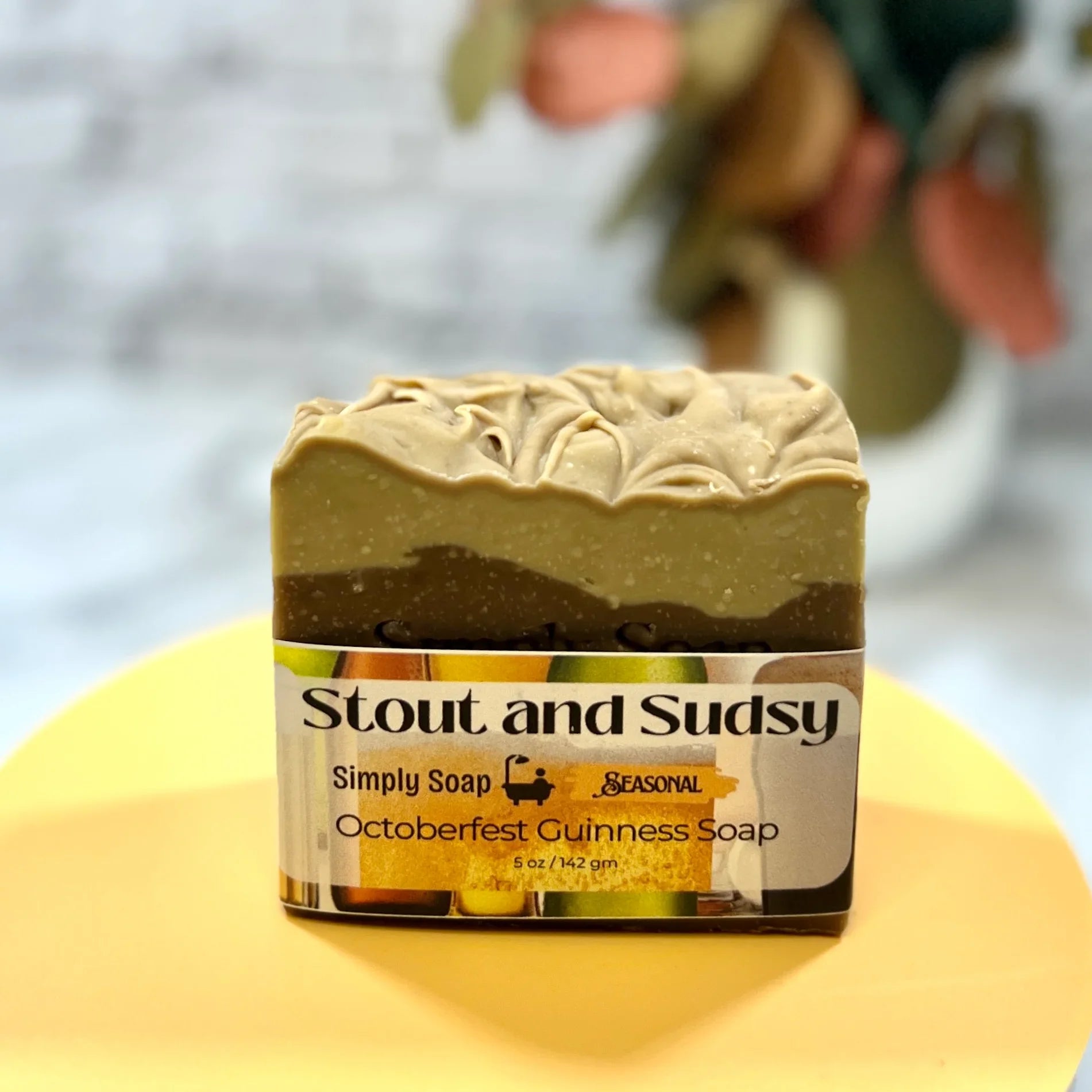 Stout and sudsy soap, front view with fall background