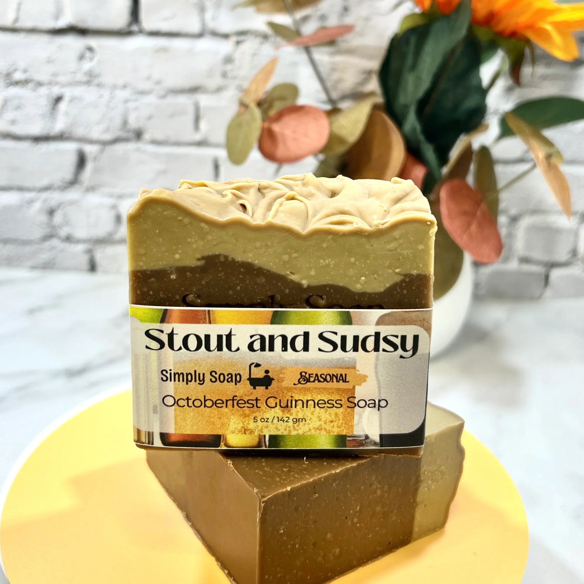 Stout and sudsy soap, stacked view with fall background