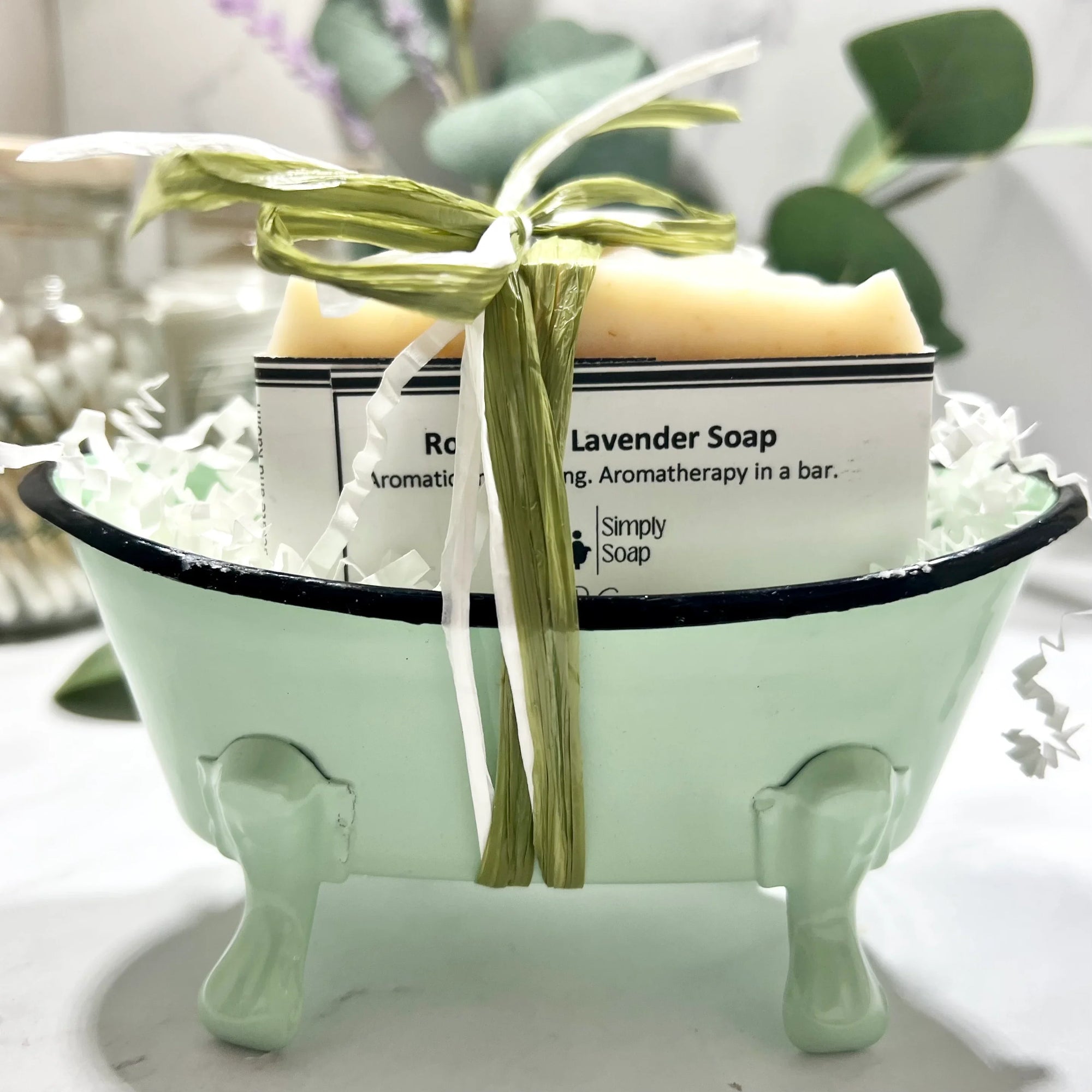 Soap in Bathtub, green with soap and wrapped in raffia