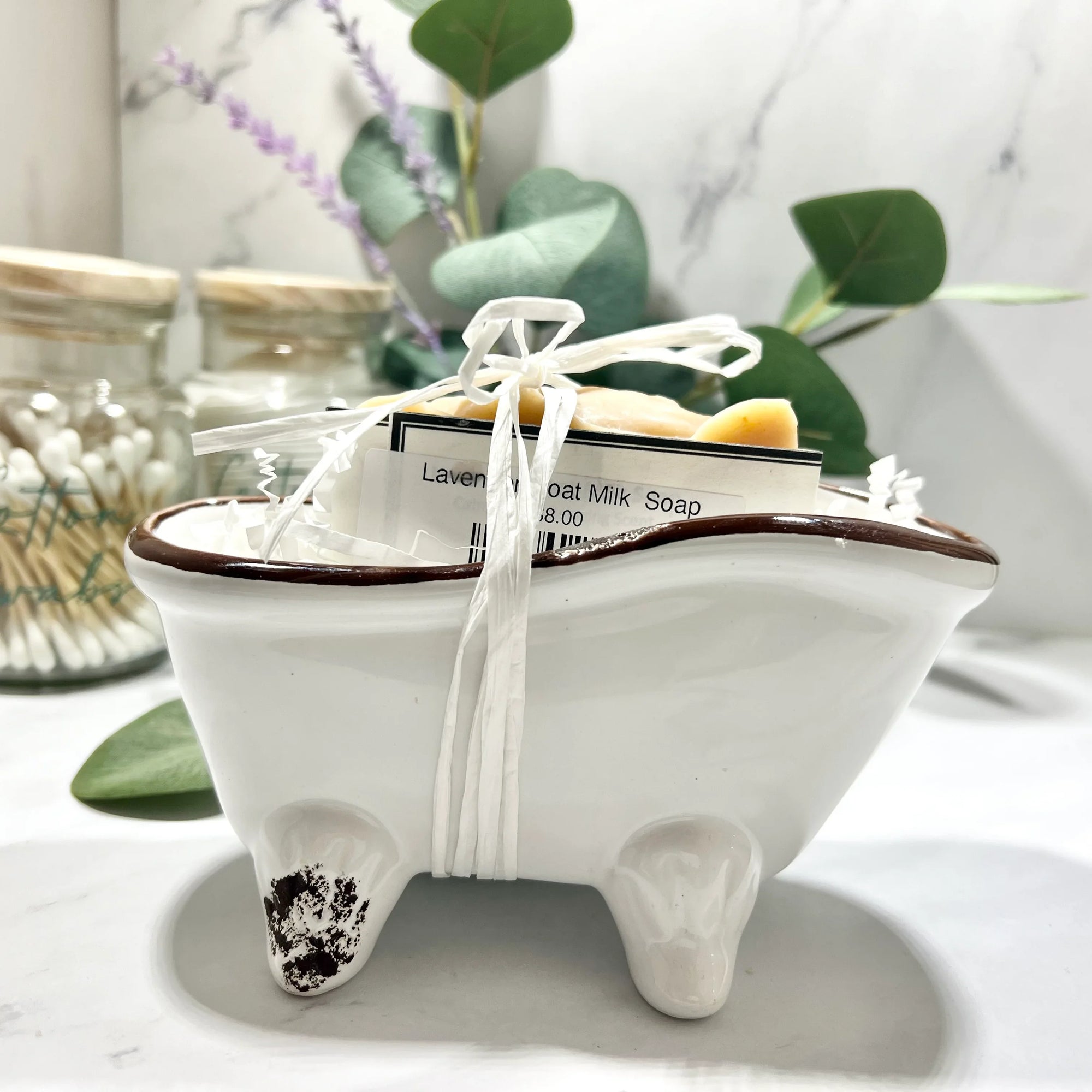 Soap in Bathtub, ceramic white  tub from the back