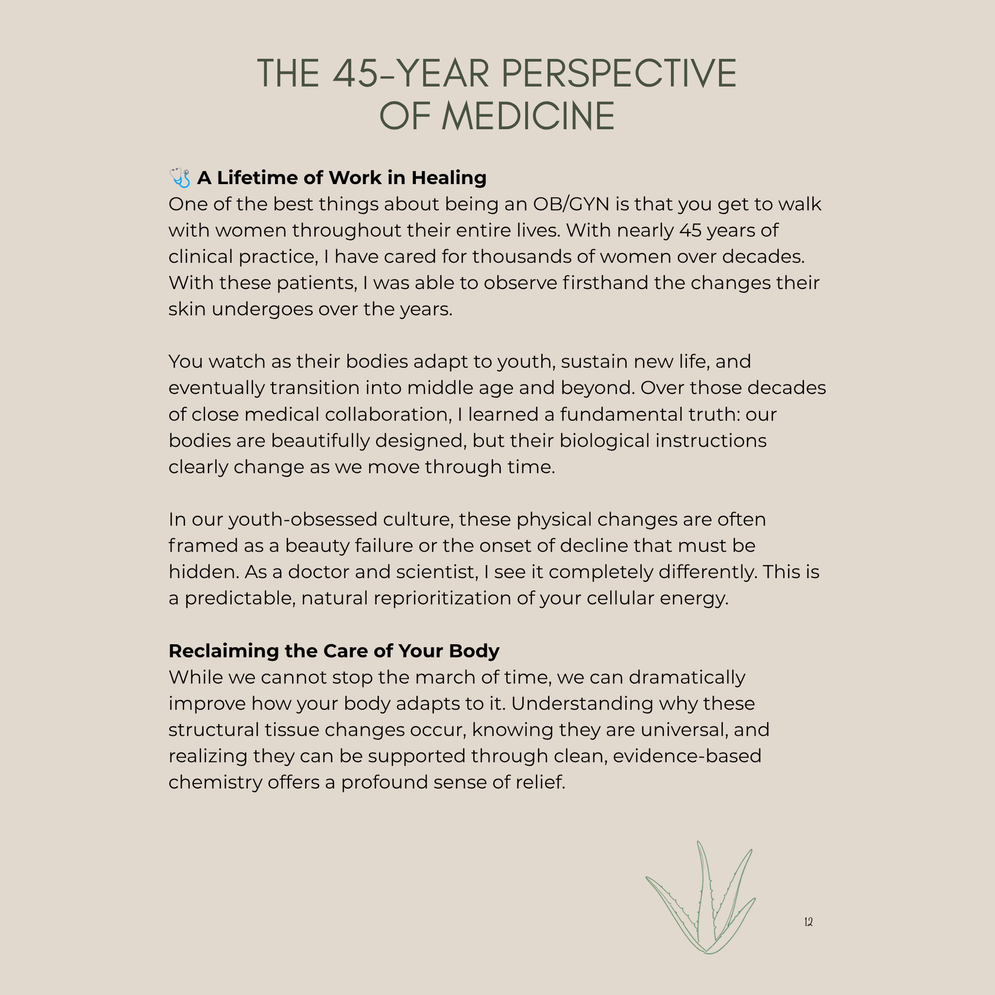 Text on a beige background discussing the 45-year perspective of medicine in relation to women's health.