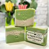 Three bars of Simply Soap with a focus on 'An Apple A Day' soap bar.