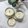Two 'AppleVanilla Harvest' candles on a marble surface with a plant in the background.