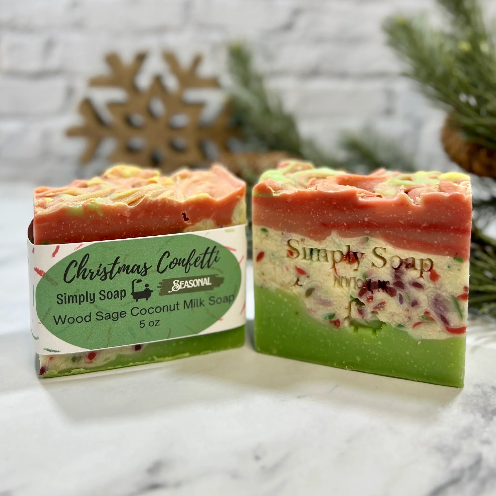 2 bars of Christmas confetti soap, showing with and without label