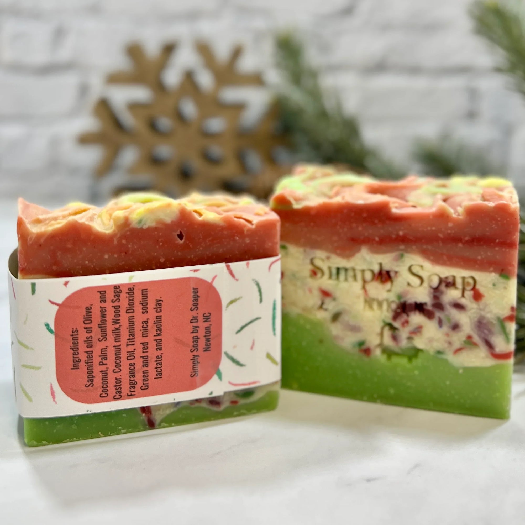 Christmas Confetti soap, Green and red with confetti white between. 