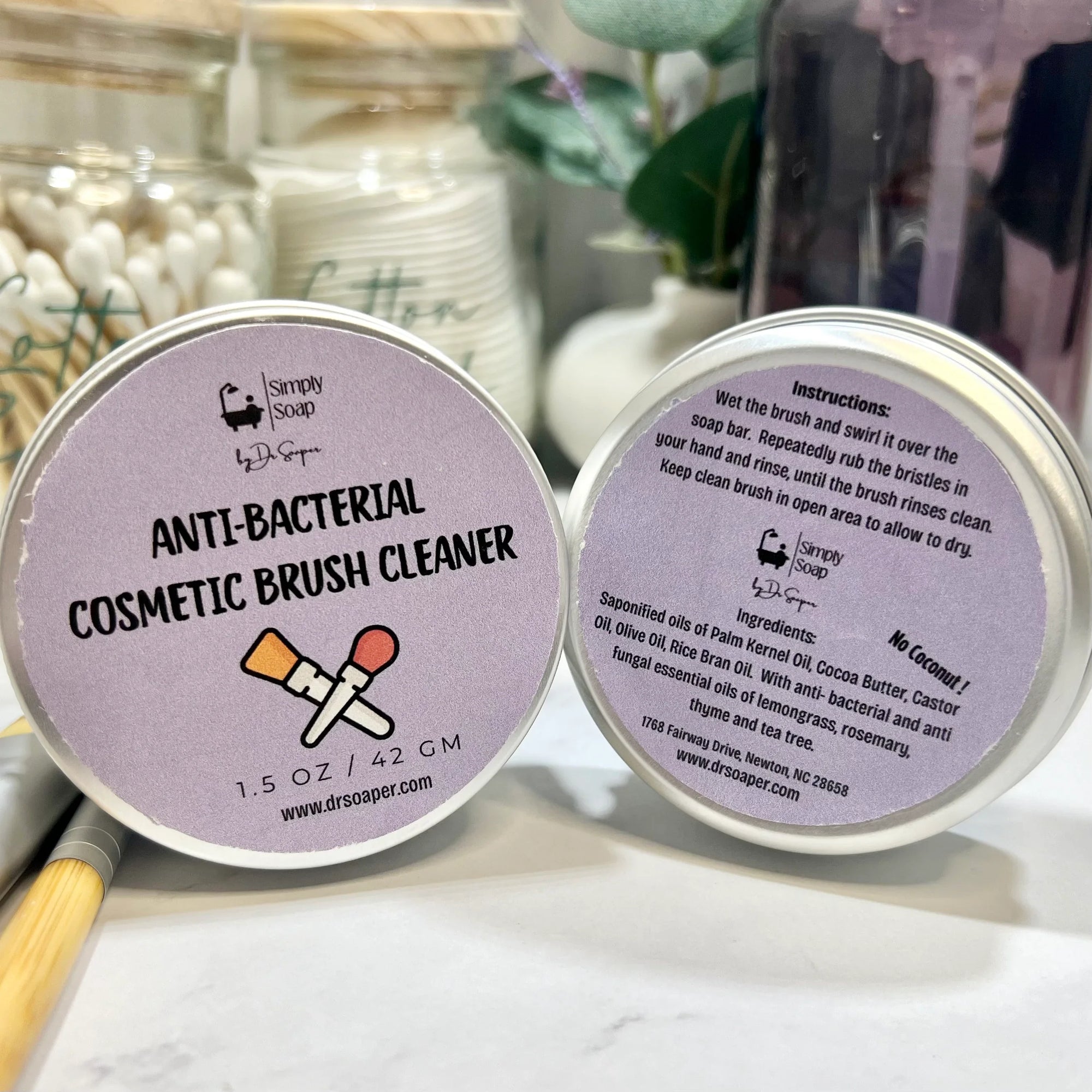 Dr Soaper's Cosmetic Brush Cleaner front and back, standing on side