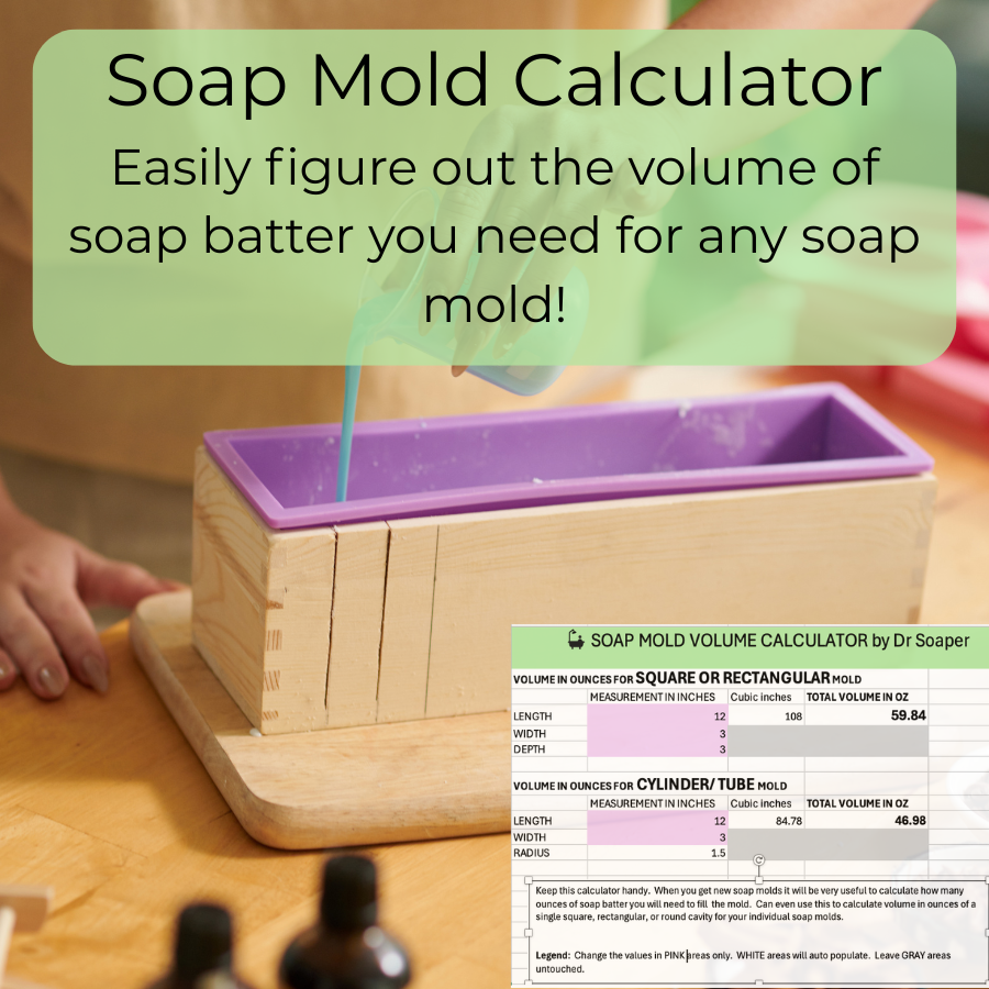 Soap mold calculator with a person pouring soap batter into a mold on a wooden surface.