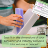 Hands holding soap molds with a calculator overlay for volume calculation.