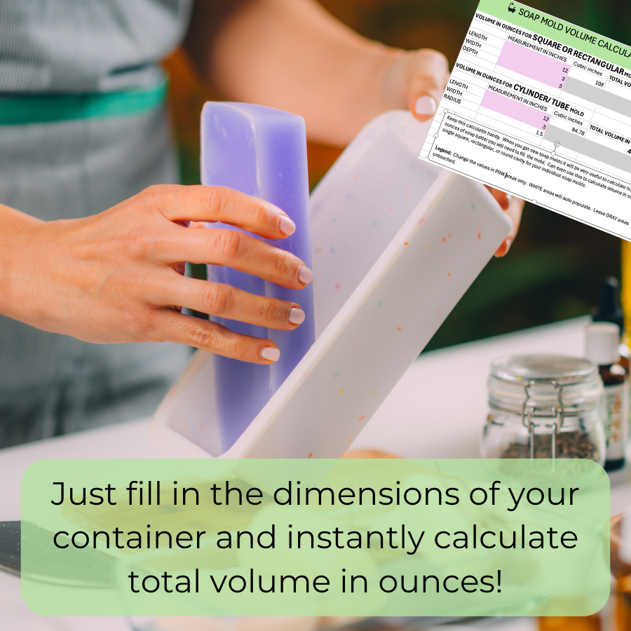 Hands holding soap molds with a calculator overlay for volume calculation.