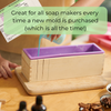 Person pouring liquid into a purple soap mold on a wooden surface with text overlay.