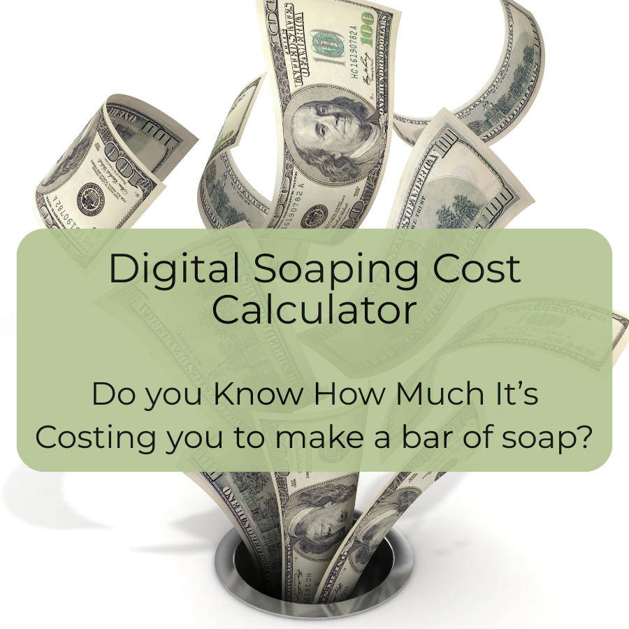 Digital soap-making cost calculator with dollar bills and text on a white background
