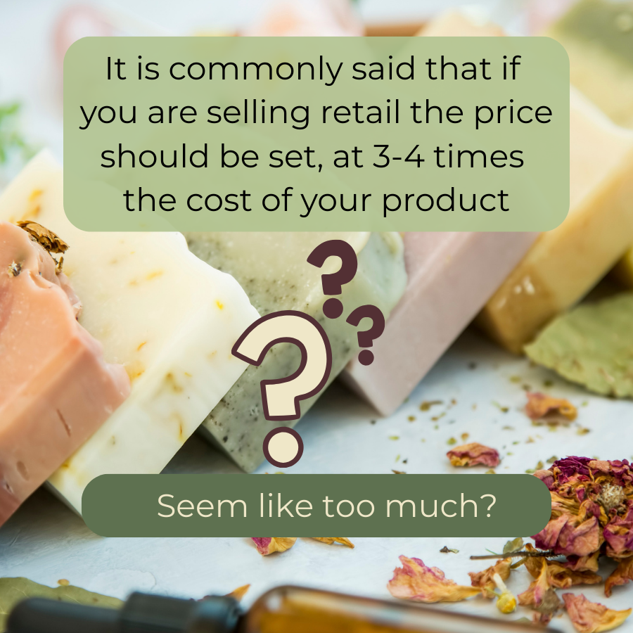 Close-up of soap bars with text overlay about pricing strategy