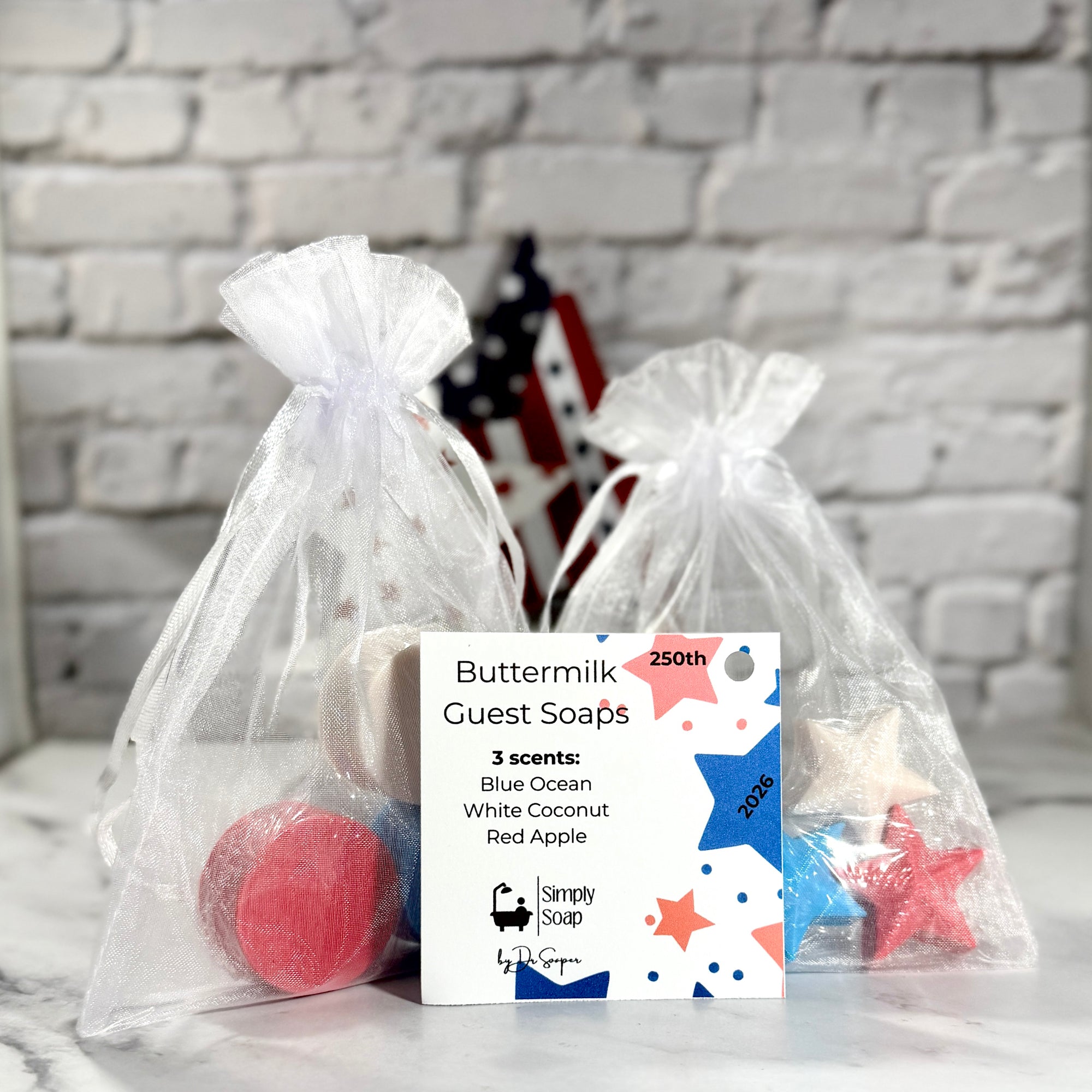 Dr. Soaper handcrafted buttermilk guest soaps — Ocean Blue, Coconut White and Apple Red