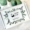 Dr Soaper's Customized soap on a clear glass dish in organza bag. Boxed in white box with crinkle, closed