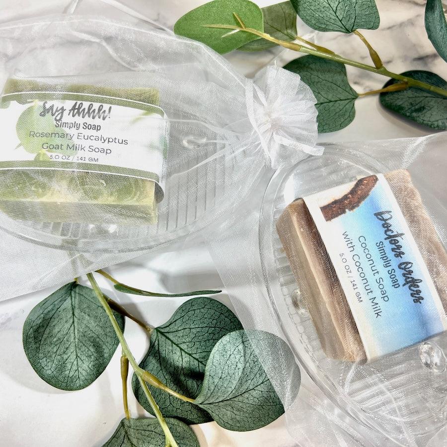 Dr Soaper's Customized soap on a clear glass dish in organza bag x 2