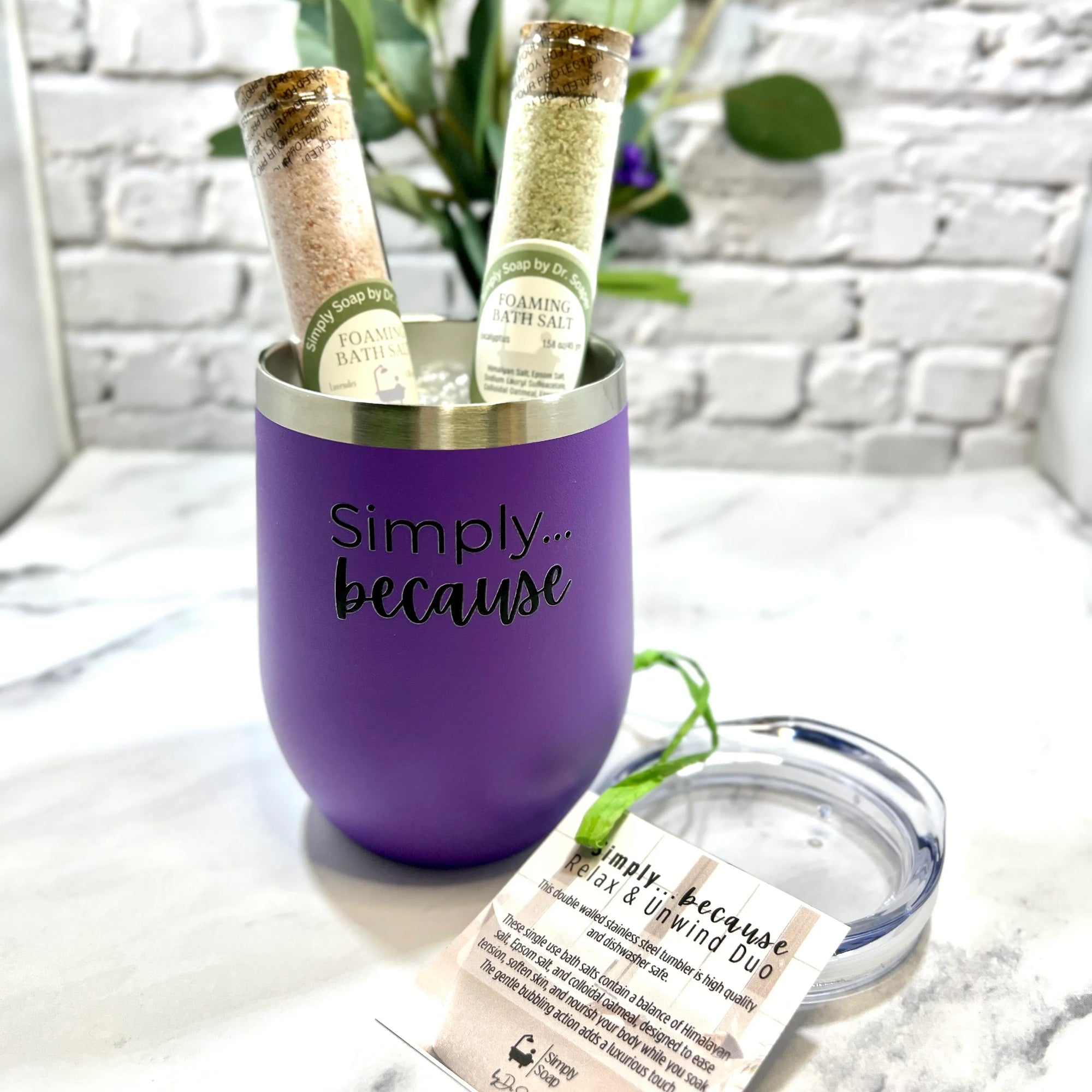 Dr Soaper's Relax and Unwind Duo – Lavender Stainless Tumbler  &  2 Foaming Bath Salts and lid in front