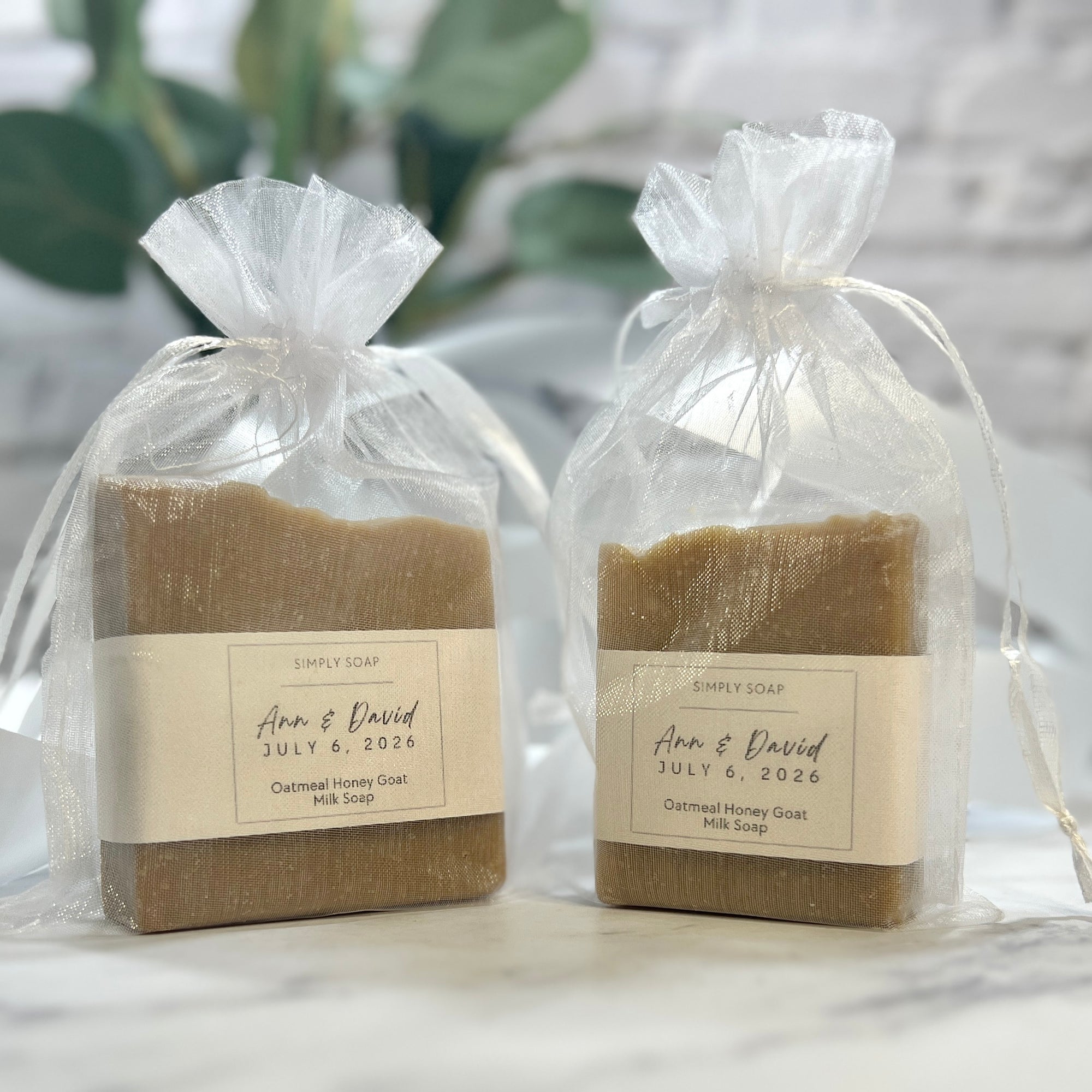 Two bars of oatmeal honey goat milk soap in clear packaging with labels on a neutral background.