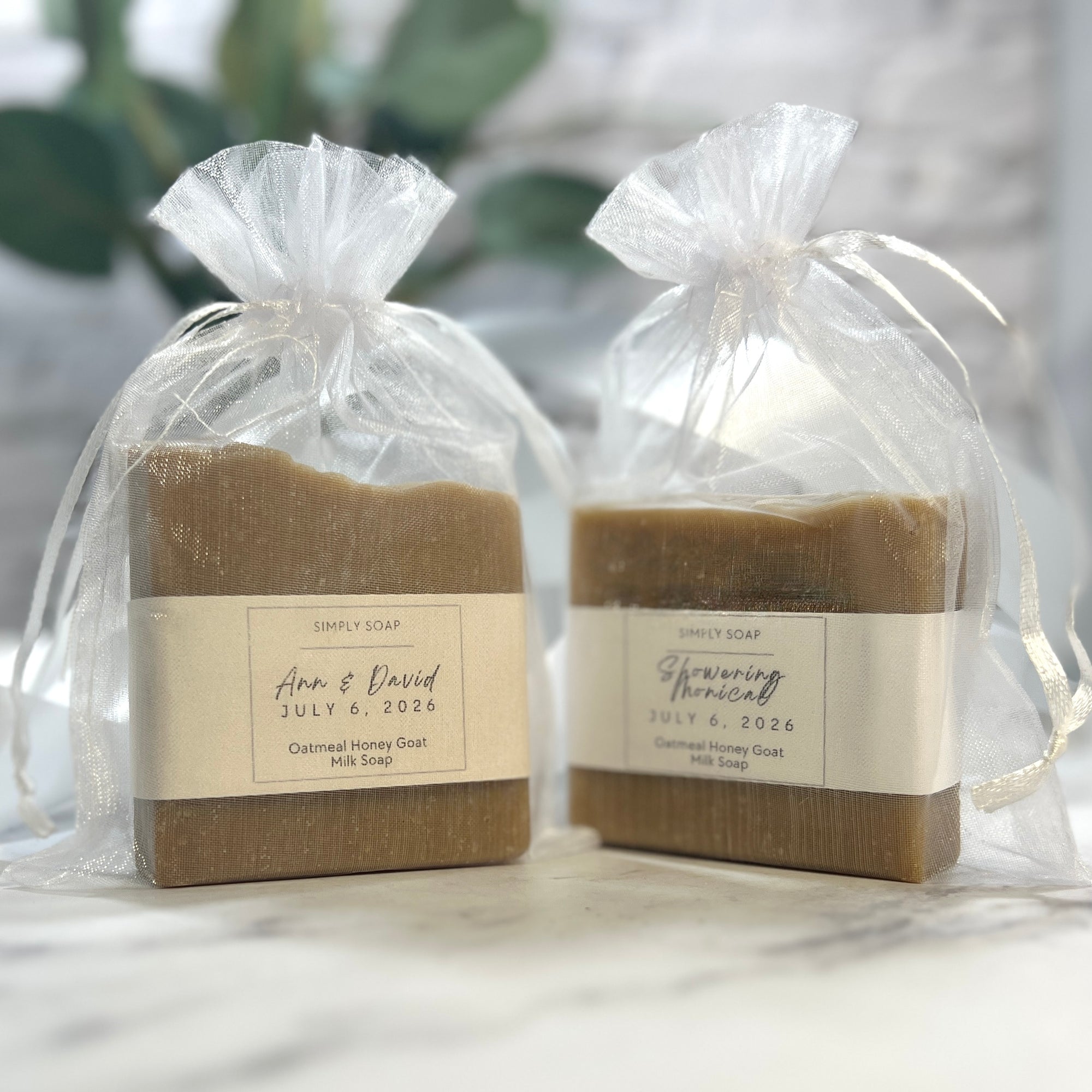 Two bars of soap in clear bags with labels on a light background