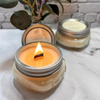 Lit Apple Vanilla candle with wood wick