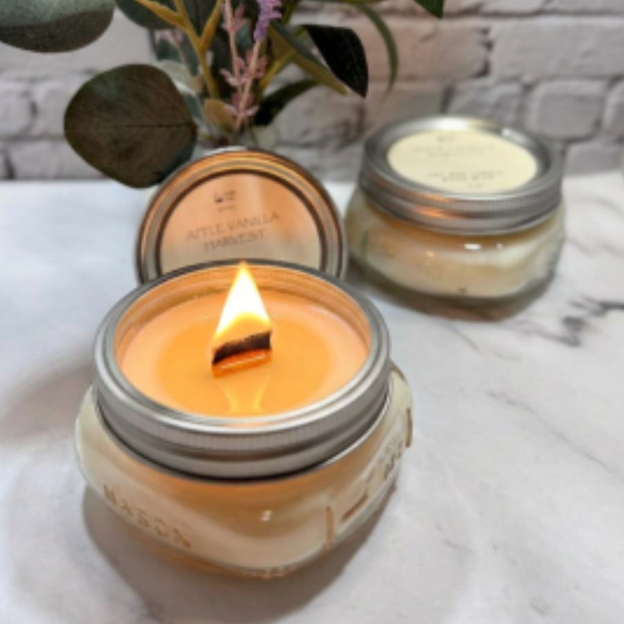 Lit Apple Vanilla candle with wood wick