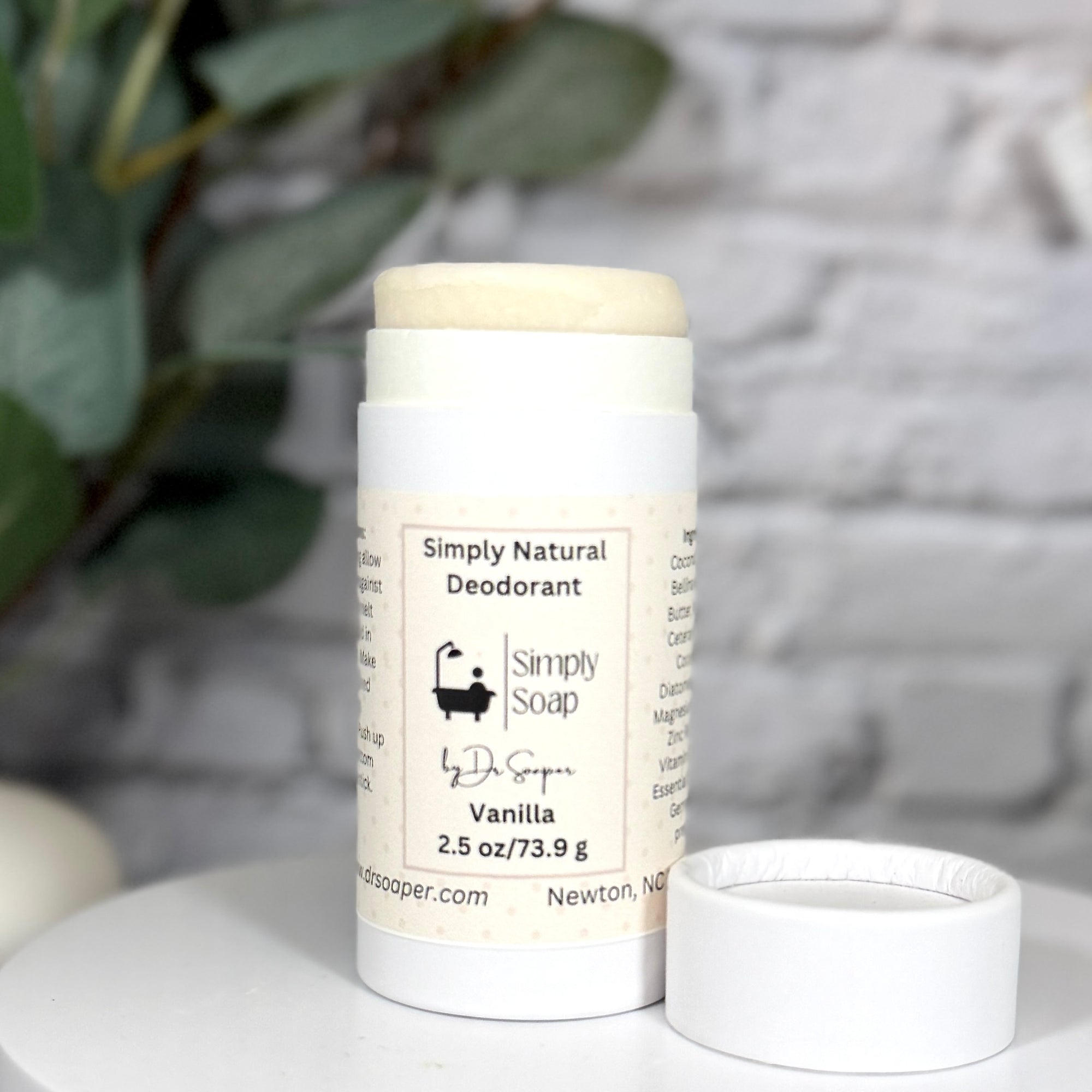 Simply Natural Deodorant stick with Vanilla scent on a neutral background