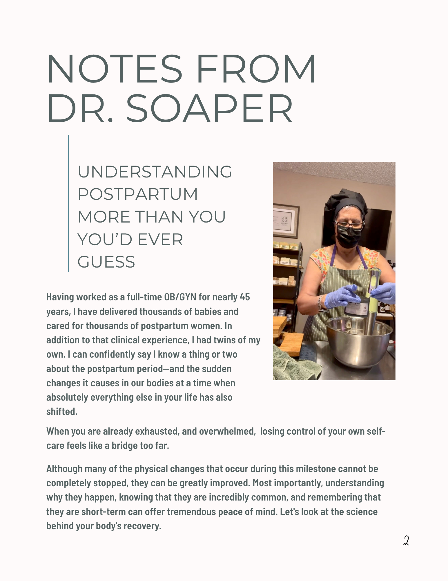 Page from a book or magazine titled 'Notes from Dr. Soaper' with text and a photo of Dr Soaper making soap