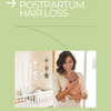Woman holding a baby with text about postpartum hair loss on a green background
