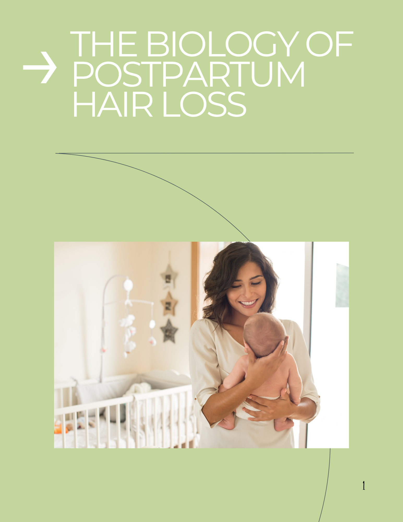 Woman holding a baby with text about postpartum hair loss on a green background