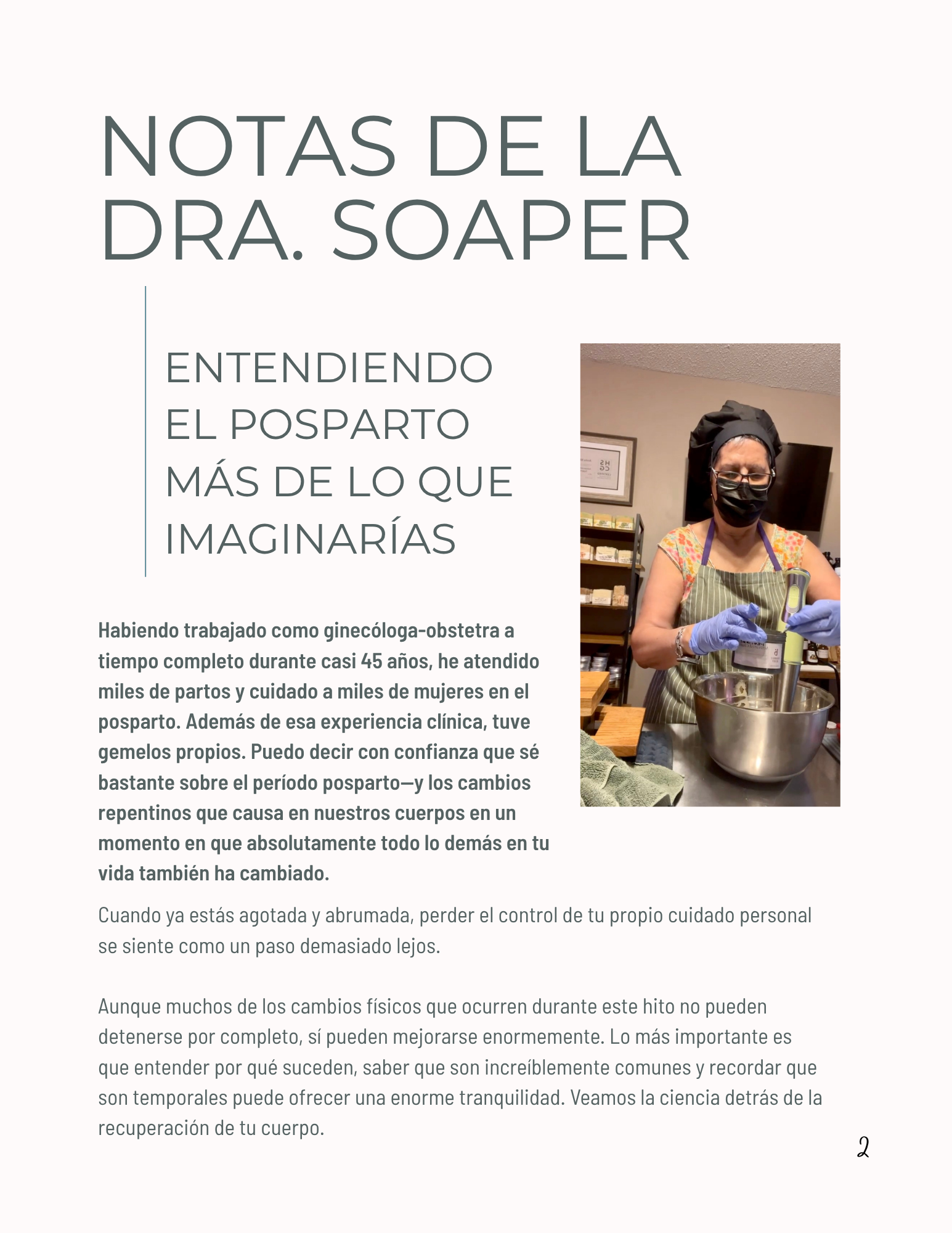Spanish Article page with text and a photo of a Dr Soaper making soap and wearing gloves and a mask.