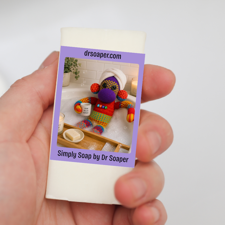A hand holds a white rectangular soap bar wrapped in purple label with SUDZ bathing