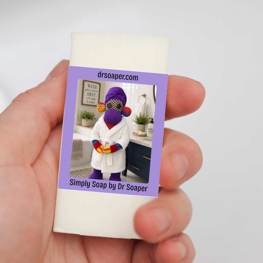 A hand holding a small cream-colored soap bar wrapped in a purple label with SUDZ in a robe