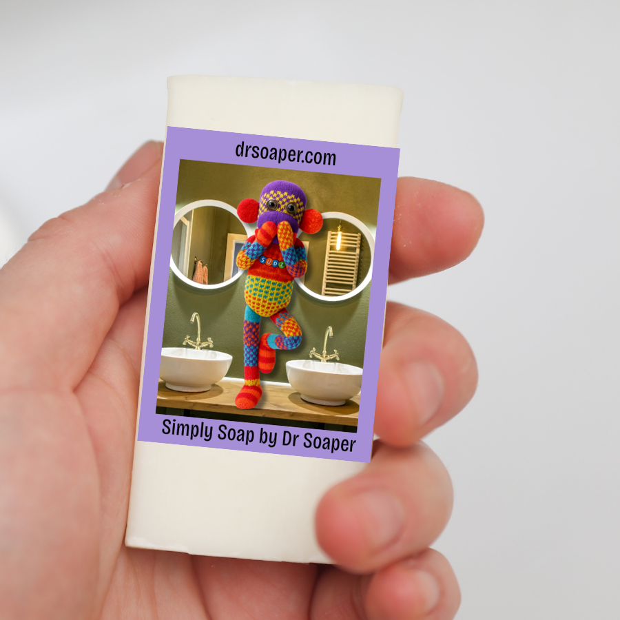 A hand holding a white rectangular soap bar with a purple label and SUDZ surprised. 