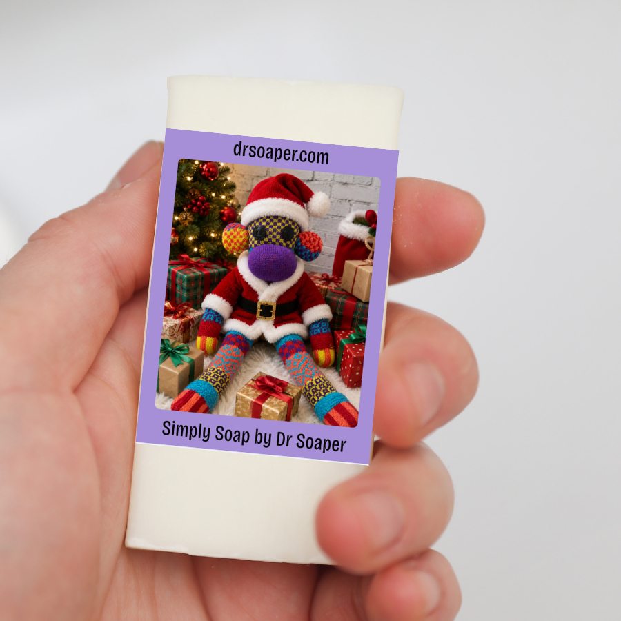 A hand holding a small rectangular soap bar wrapped in purple label with Santa SUDZ