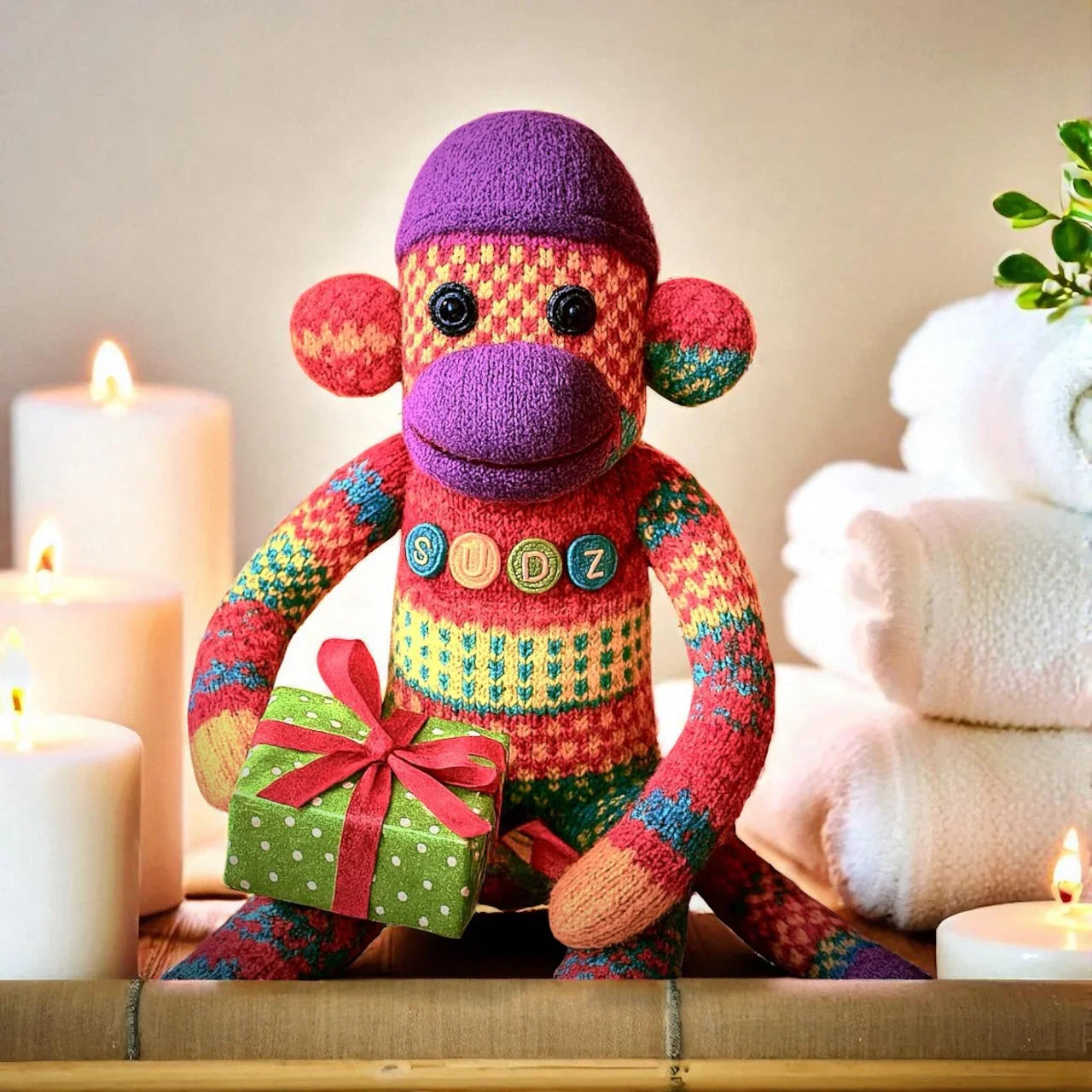 Colorful sock monkey "SUDZ" holding a gift box with candles and a plant in the background