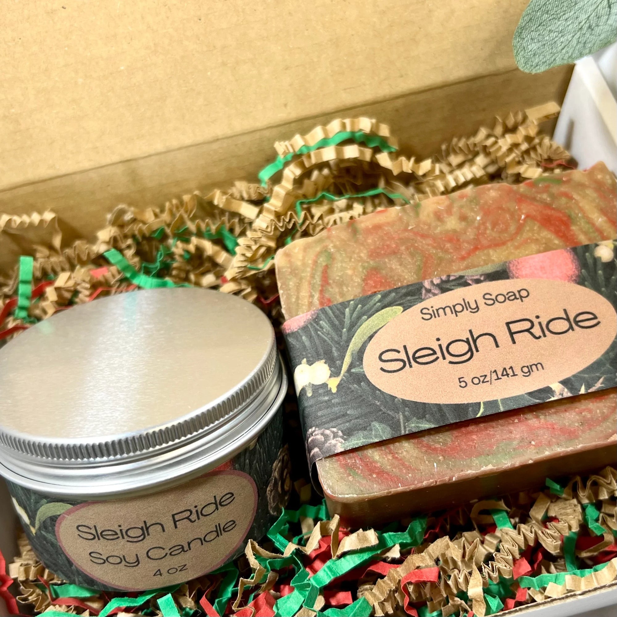 Sleigh Ride candle in tin and cold process soap in box