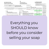 Documents related to soap-making with text overlay on a purple background
