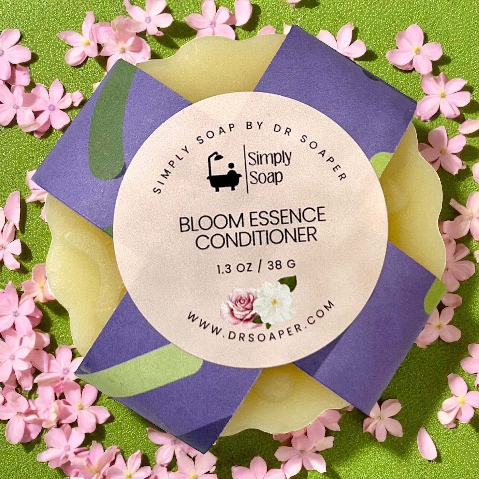 Simply Soap Bloom Essence  Solid Conditioner Bar on a floral background