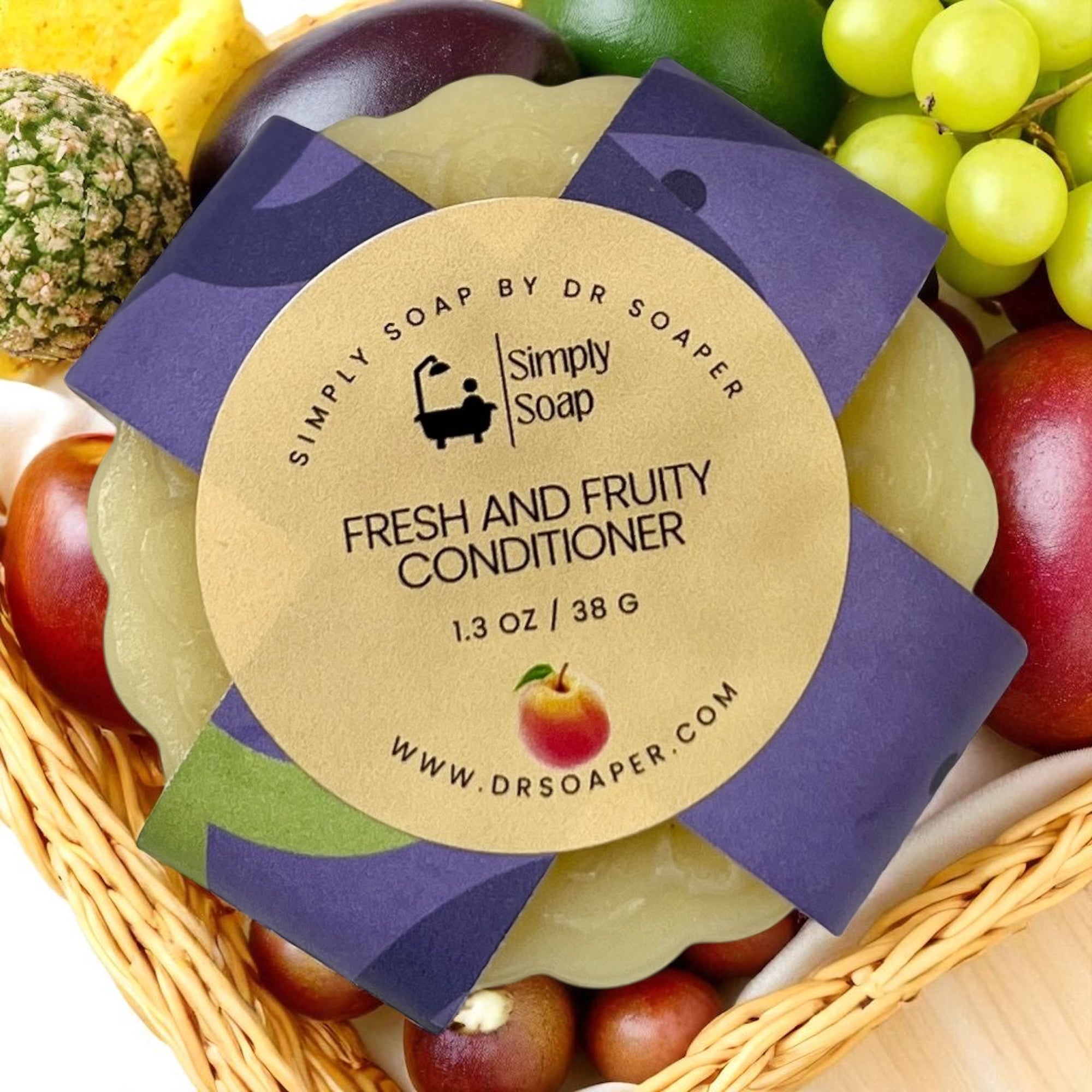 Fresh and Fruity Solid Conditioner Bar with a fruit-themed label surrounded by fruits in a basket.