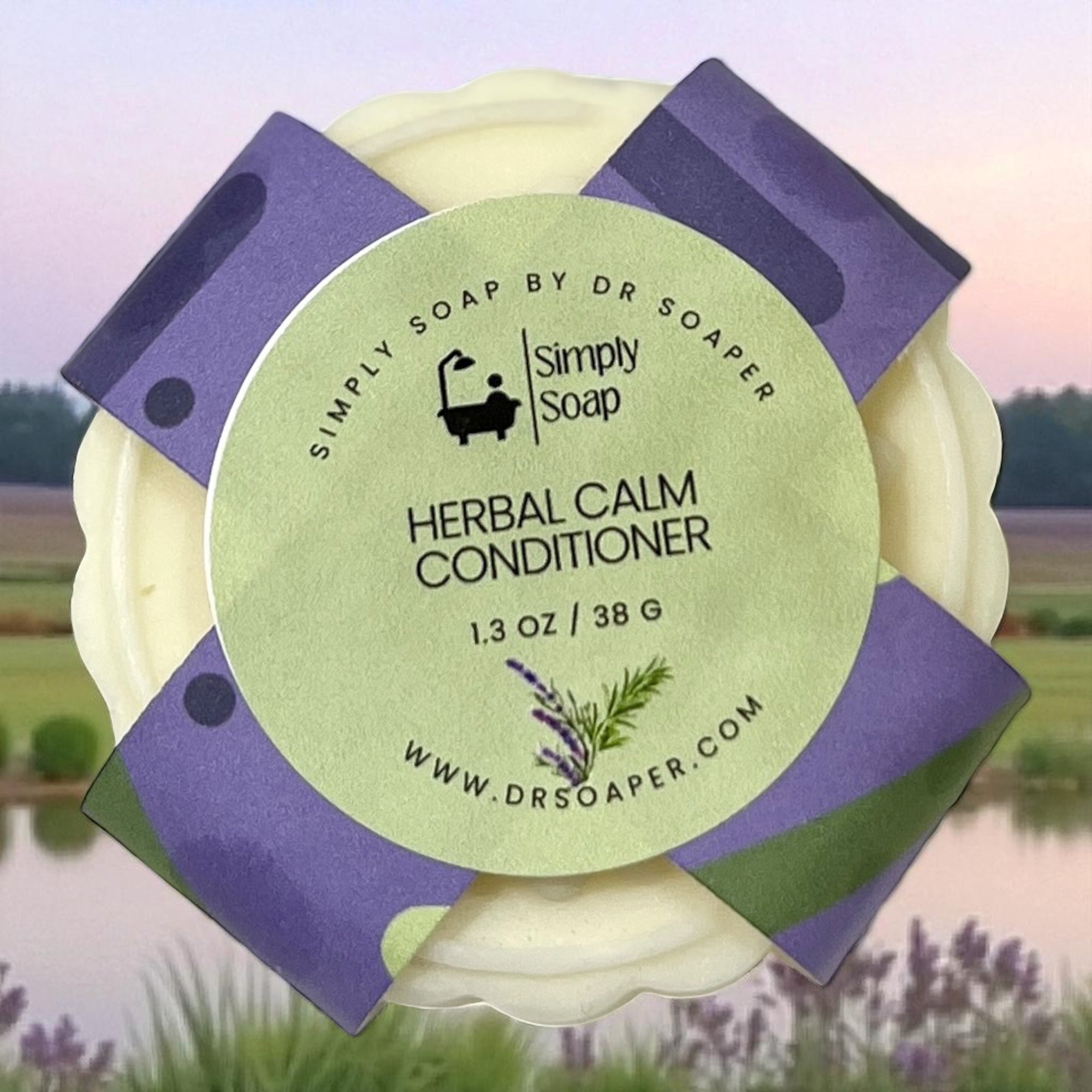 'Herbal Calm Solid Conditioner Bar' by Dr. Soaper, set against a scenic background.