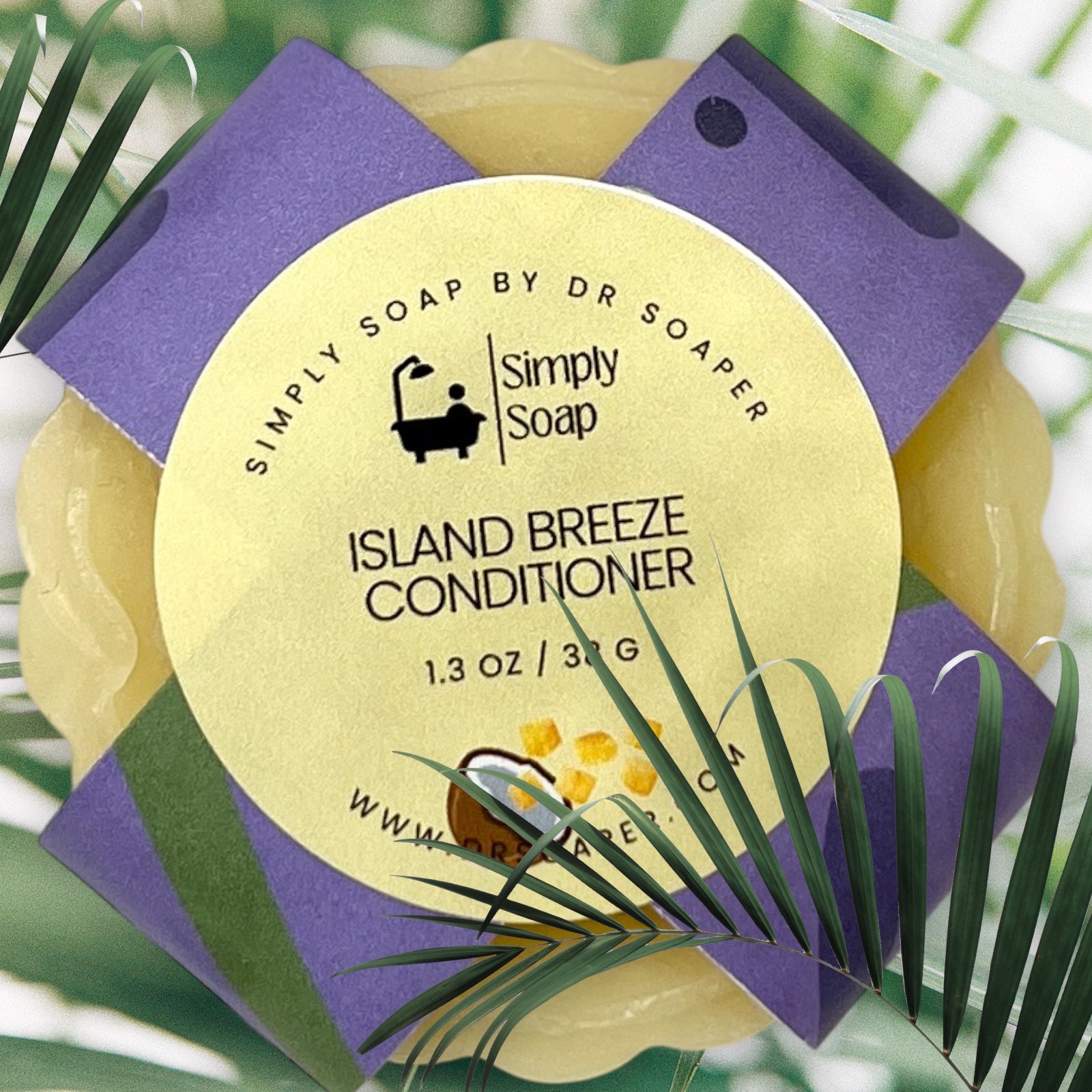 Island Breeze Solid Conditioner Bar with palm leaves in the background