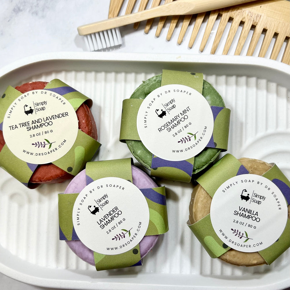 solid shampoo bars on vanity tray