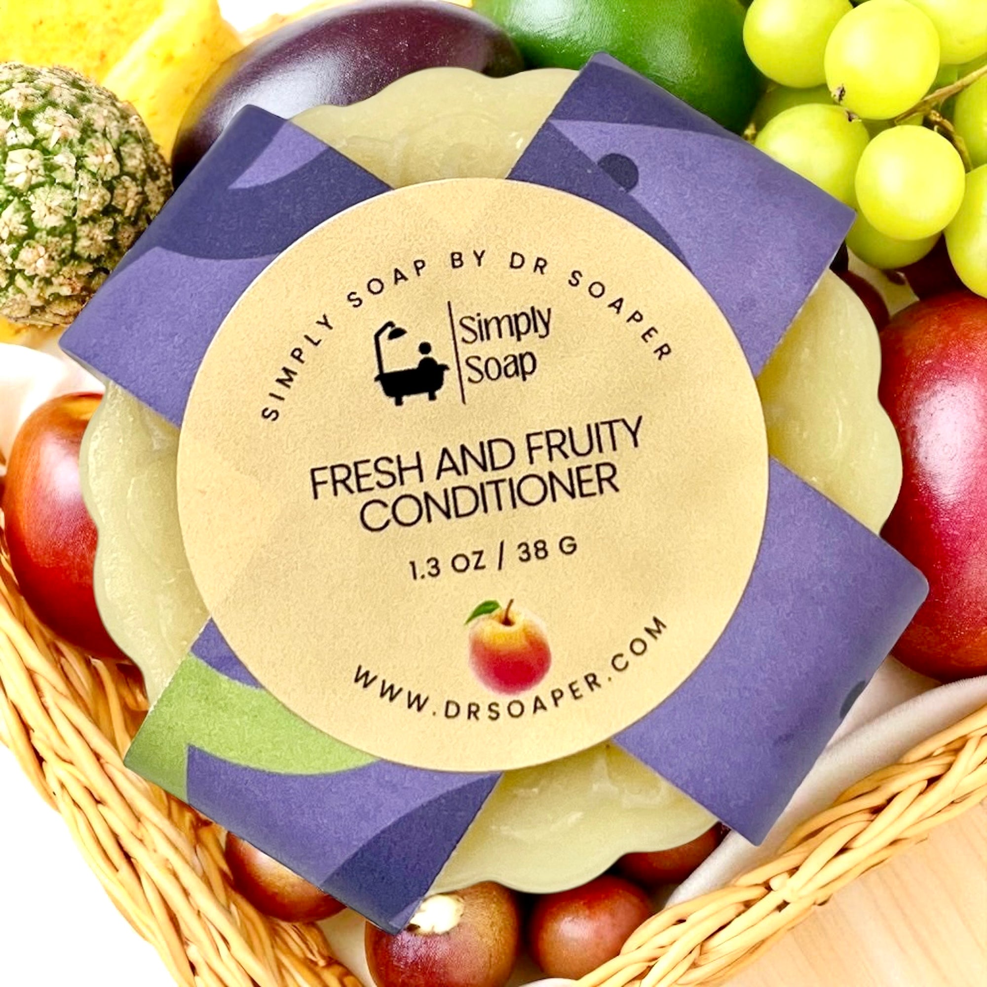 Simply Soap by Dr. Soaper Fresh and Fruity Conditioner bar with fruit-themed packaging on a fruit-themed background.