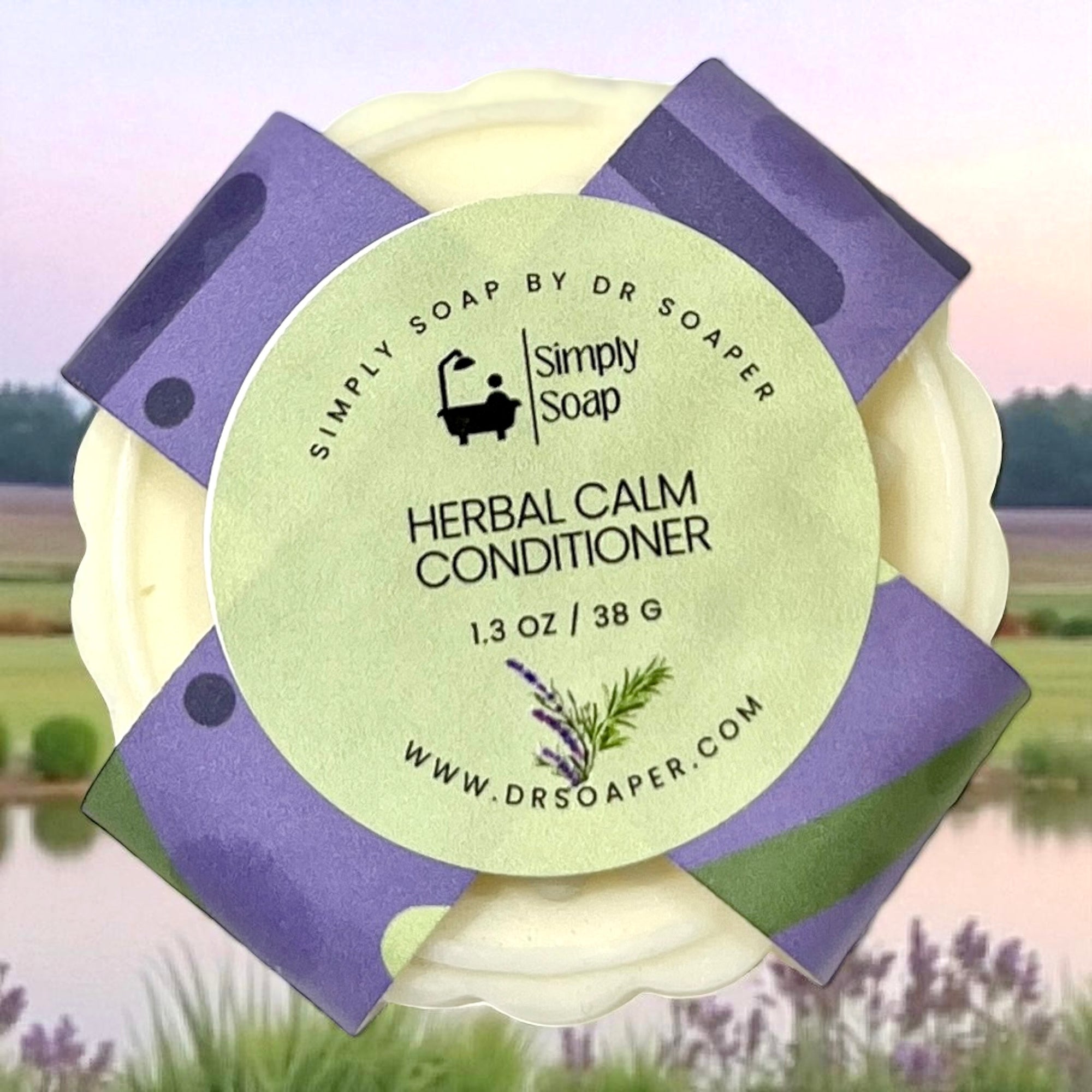 Bar of soap with 'Simply Soap' label against a blurred natural background