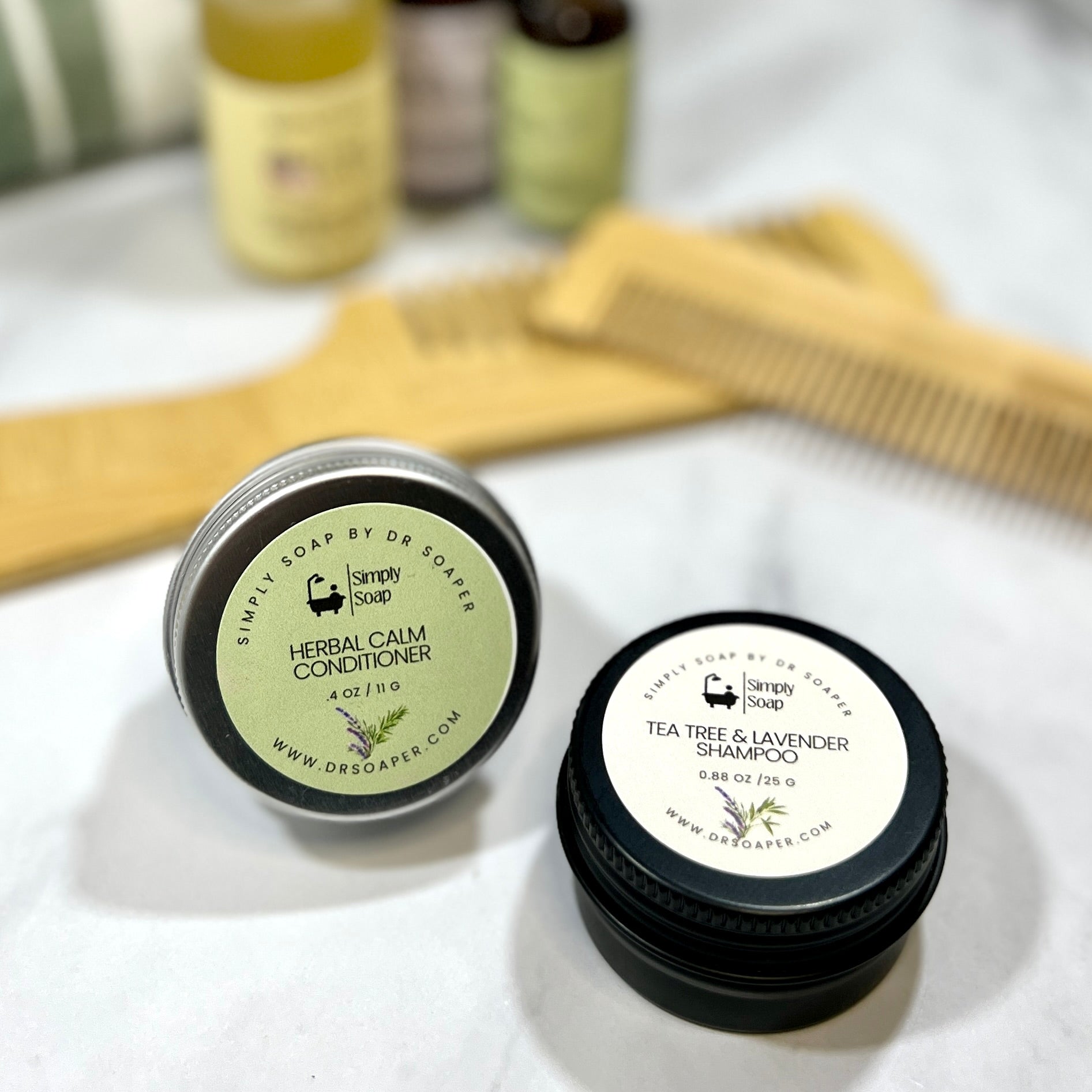 Travel Hair Conditioner and Shampoo Bars in aluminum tins
