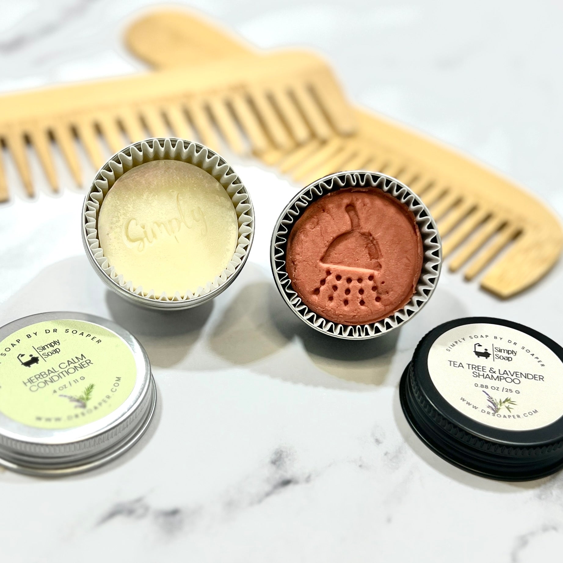 Travel Hair conditioner and shampoo in open tins
