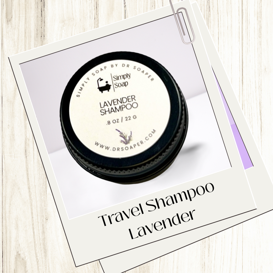 Lavender shampoo bar with packaging on a wooden surface