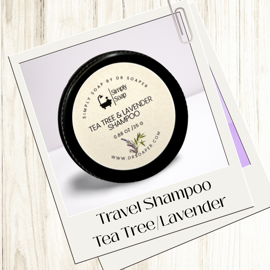Travel-sized tea tree and lavender shampoo bar on a white background