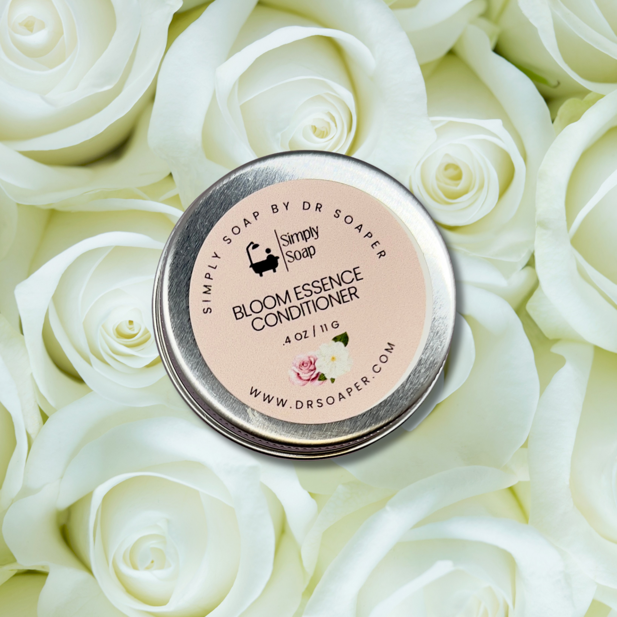 Tin of Simply Soap Bloom Essence Conditioner on a bed of white roses